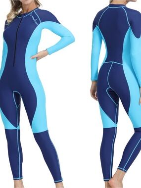 OMGear Long Sleeve One Piece Swimsuit Women’s US Size L Blue Dive Skin Bodysuit